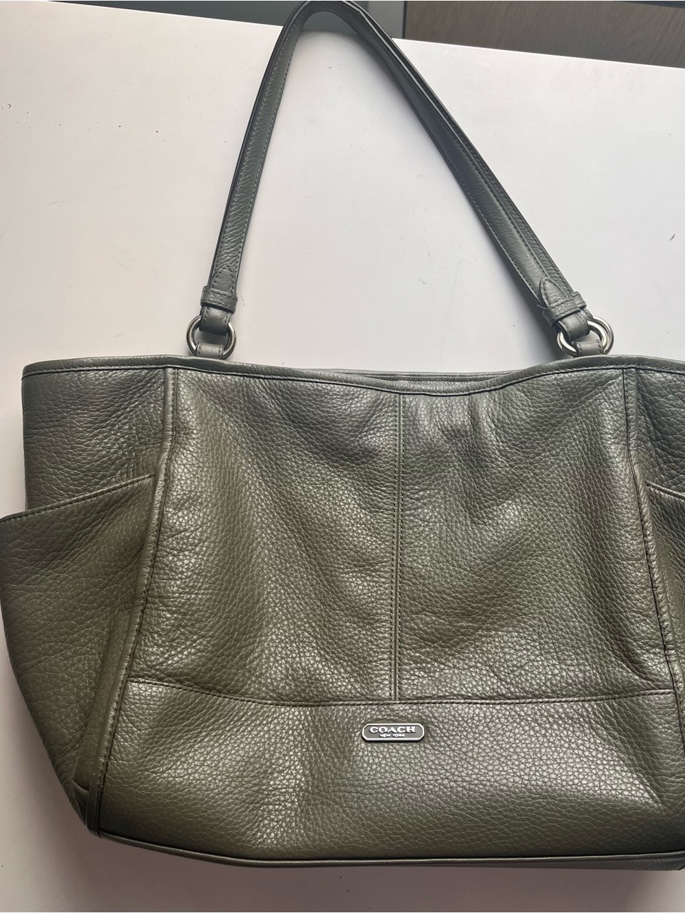 Coach Park Leather Carrie Tote - Olive Green Pebbled Leather